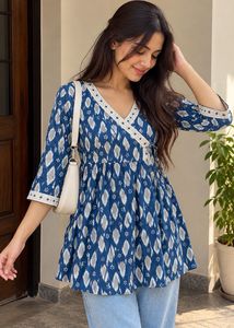 Blue & White Printed Short Kurti