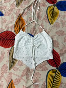White Halter Neck Eyelet Top