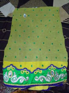 Embroidered yellow and violet Saree with Green Bor