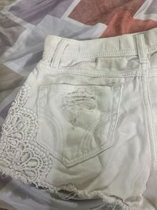 White Lace Detail Ripped Denim Shorts