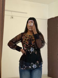 Embroidered Black Sheer Tunic