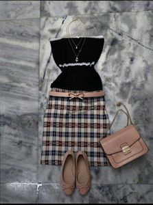 Chic Black Lace Trim Top & Plaid Skirt Outfit