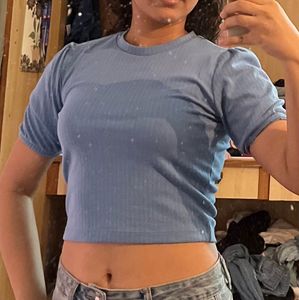 Blue Ribbed Puff Sleeve Crop Top