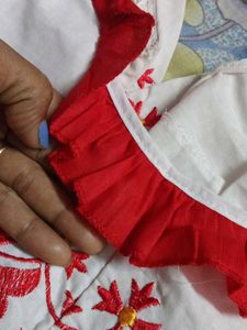 Embroidered White &amp; Red Kurti