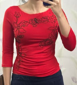 Red Embroidered 3/4 Sleeve Top