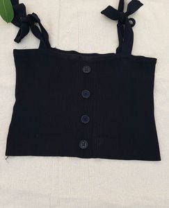 Women Black  Solid Lace Up Button Tank Top