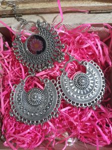 Boho Oxidized Jhumka Earrings with maangtik