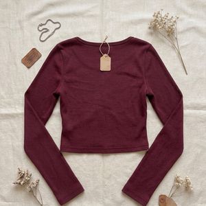 Maroon Ribbed Lace Trim Crop Top