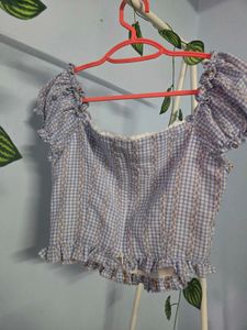 Cute Blue Gingham Puff Sleeve Top