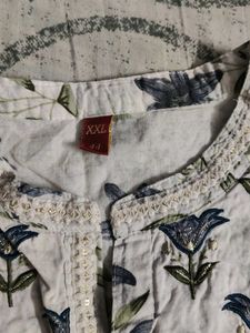 White Kurta with Blue Floral Print