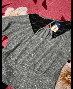 Gray Sparkle Lace Detail Top👀