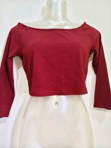 Maroon Off-Shoulder Long Sleeve Crop Top