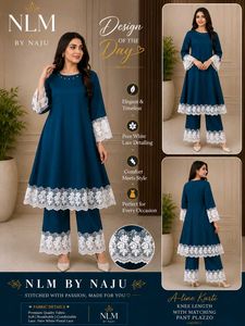 Elegant Teal Kurta and pant  with Lace Trim