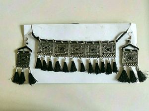 Oxidised Black Tassels Earrings Necklace Jewellery Set