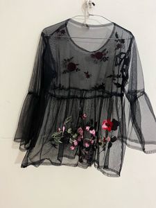 Sheer Embroidered Black Bell Sleeve Top