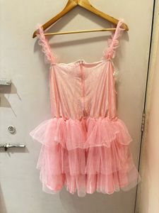 Elegant Pink Ruffled Tulle Fur Trim Dress