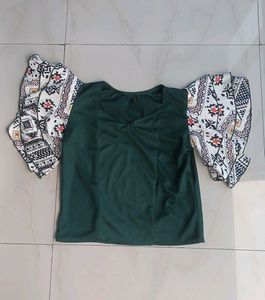 Green Top with Patterned Sleeves