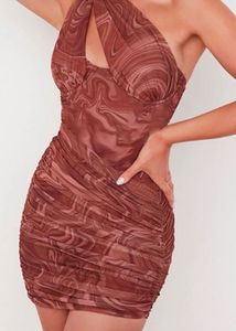 Brown Marble Print One-Shoulder Dress