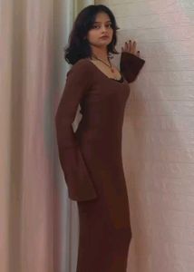 Brown Ribbed Bell Sleeve Maxi Dress