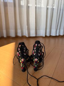 Forever 21 Black Floral Lace-Up Heels