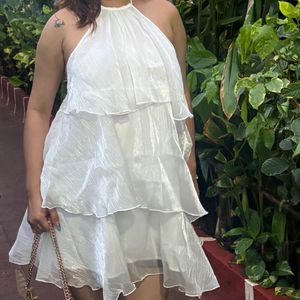 white tiered halter mini dress