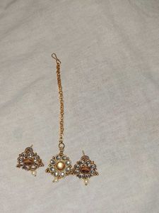 Gold Maang Tikka &amp; Earring Set