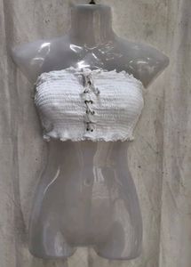 19138. White Smocked Tube Top with Lace-up Detail