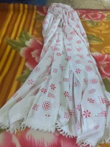 White Dupatta with Red Block Print