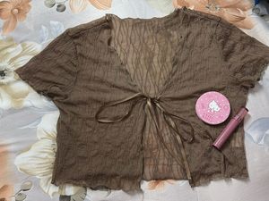 Sheer Brown Tie-Front Top