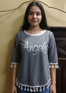Chic "Angels" Graphic Tunic Top with Tassel Trim