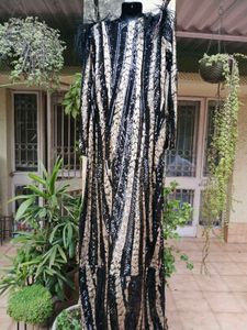 Sequined and Striped Couture Gown with Feather Det