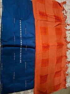 Unstitched Elegant Blue Kurta Set with Orange Dupa