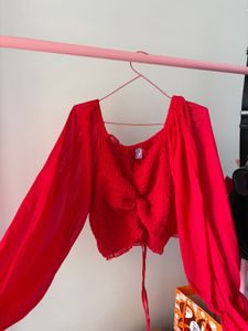 Red Sheer Sleeve Ruched Top