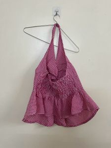 Cute Pink Gingham Halter Top