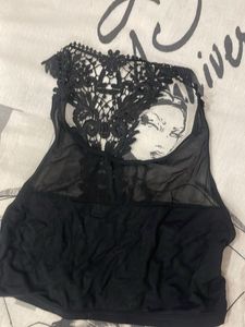 Black Lace Trimmed Sheer Top