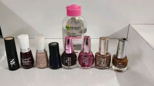 Combo Of 7 Nail Paints, 1 Nybae Concealer Foundation, Garnier Micellar Cleansing Water And Charcoal Gel Peel Off Mask