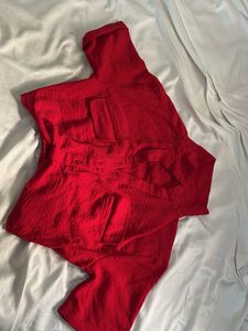 Chic Red Crinkle Button-Up Top