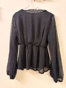Sheer Black Dot Print Peplum Top