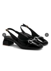 Chic Black Patent Heels with Gold Buckle