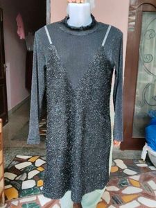 Ribbed Knit Lined Knee-Length Sweater Dress