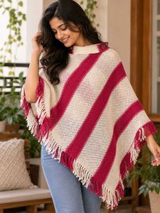 Cozy Striped Poncho with Fringe