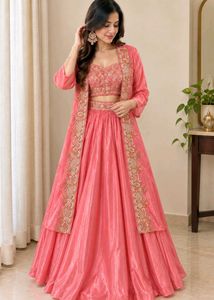 Coral silk padded Lehenga jacket Set