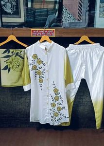 White &amp; Yellow Embroidered Kurta Set