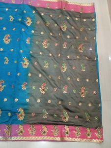 Beautiful Blue Saree with Embellishments