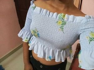 Light Blue Floral Smocked Crop Top