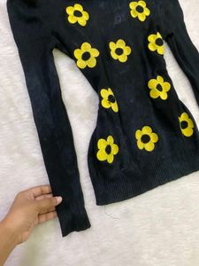 Black Floral Turtleneck Top