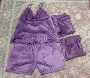 Women Stylish 4 Pcs Satin Nightshuit