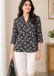 Max Chic Flora Blackl Print V-Neck Top  M Siz