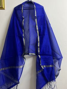 Royal Blue Sheer Dupatta with Gold Border