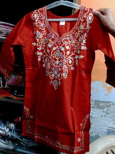 Embroidered Red Cotton Kurta
